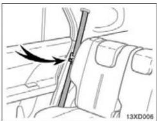 Diagram of a car seatbelt mechanism with directional arrow indicating motion (no text or symbols)