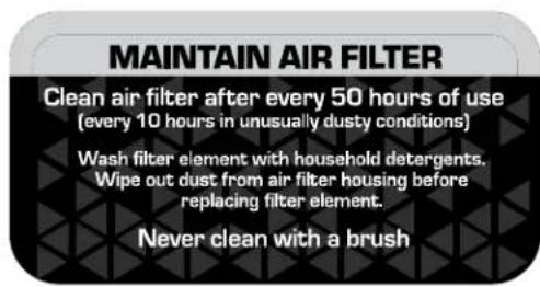 MAINTAIN AIR FILTER Clean air filter after every 50 hours of use (every 10 hours in unusually dusty conditions) Wash filter element with household detergents. Wipe out dust from air filter housing before replacing filter element. Never clean with a brush