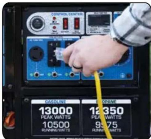 CONTROL CENTER GASOLINE 13000 PEAK WATTS 10500 RUNNING WATTS 12350 PEAK WATTS 9875 RUNNING WATTS