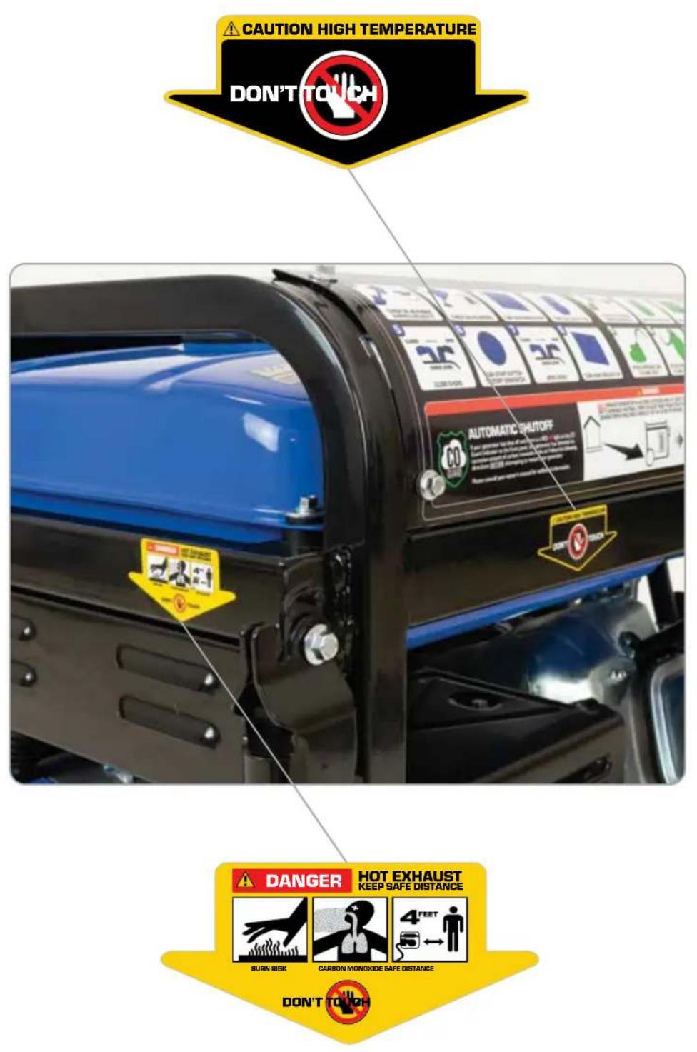 CAUTION HIGH TEMPERATURE DON'T TOUCH AUTOMATIC SHUTOFF DANGER HOT EXHAUST KEEP SAFE DISTANCE BURN RISK CARBON MONOXIDE SAFE DISTANCE 4 FEET 5 ← DON'T TOUCH