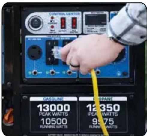 CONTROL CENTER GASOLINE 13000 PEAK WATTS 10500 RUNNING WATTS 12350 PEAK WATTS 9975 RUNNING WATTS