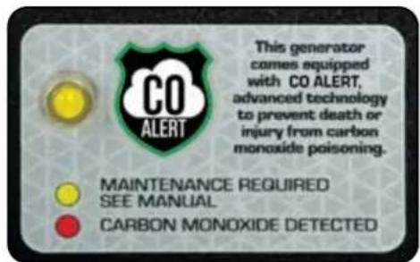 CO ALERT This generator comes equipped with CO ALERT, advanced technology to prevent death or injury from carbon monoxide poisoning. MAINTENANCE REQUIRED SEE MANUAL CARBON MONOXIDE DETECTED