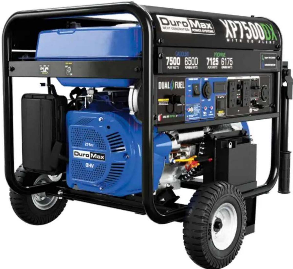 Duro Max NEXT GENERATION POWER SYSTEMS XP7500DX WITH CO ALERT BASOURNE PROpane 7500 6500 7125 6175 PEAK WATTS RUNNING WATTS PEAK WATTS RUNNING WATTS DUAL FUEL 274cc Duro Max 0HV