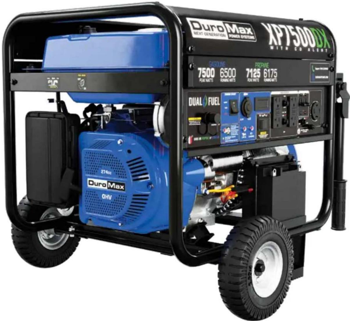 Duro Max NEXT GENERATION POWER SYSTEMS XP7500DX WITH CO.ALENT BASOURNE PROpane 7500 6500 7125 6175 PEAK WATTS RENNING WATTS PEAK WATTS RENNING WATTS DUAL FUEL 274cc Duro Max OHV