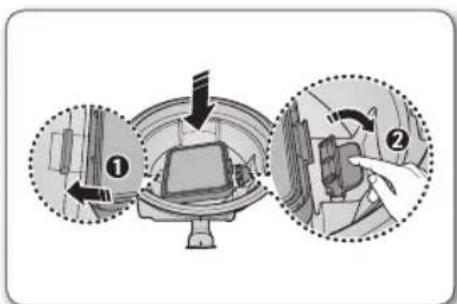 Diagram illustrating a mechanical assembly process with labeled steps ① and ②, showing directional arrows and component placement.