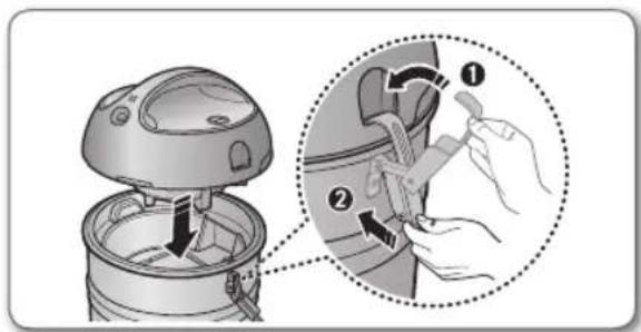 Diagram illustrating a mechanical device with labeled parts and a magnified view showing the process.