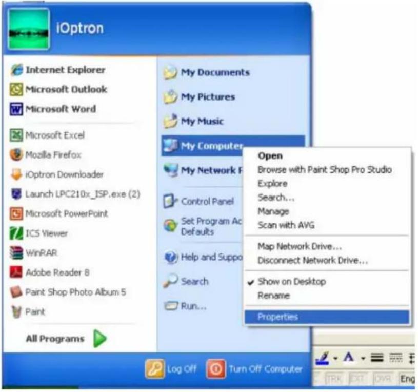 iOptron Internet Explorer Microsoft Outlook Microsoft Word Microsoft Excel Mozilla Firefox iOptron Downloader Launch LPC210x_ISP.exe (2) Microsoft PowerPoint ICS Viewer WinRAR Adobe Reader 8 Paint Shop Photo Album 5 Paint All Programs My Documents My Pictures My Music My Computer My Network F Control Panel Set Program Ac Defaults Help and Suppo Search Run... Open Browse with Paint Shop Pro Studio Explore Search... Manage Scan with AVG Map Network Drive... Disconnect Network Drive... ✓ Show on Desktop Rename Properties Log Off Turn Off Computer