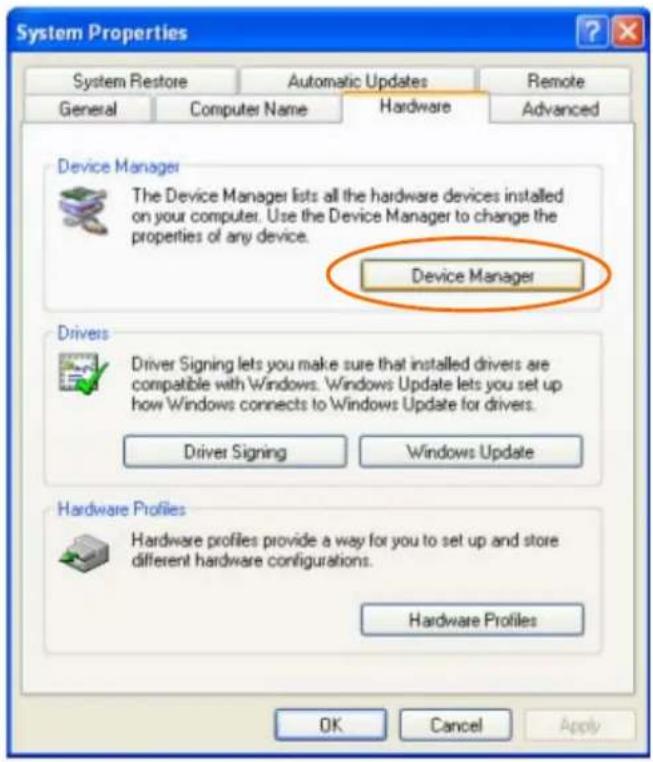 System Properties System Restore Automatic Updates Remote General Computer Name Hardware Advanced Device Manager The Device Manager lists all the hardware devices installed on your computer. Use the Device Manager to change the properties of any device. Device Manager Drivers Driver Signing lets you make sure that installed drivers are compatible with Windows. Windows Update lets you set up how Windows connects to Windows Update for drivers. Driver Signing Windows Update Hardware Profiles Hardware profiles provide a way for you to set up and store different hardware configurations. Hardware Profiles OK Cancel Apply