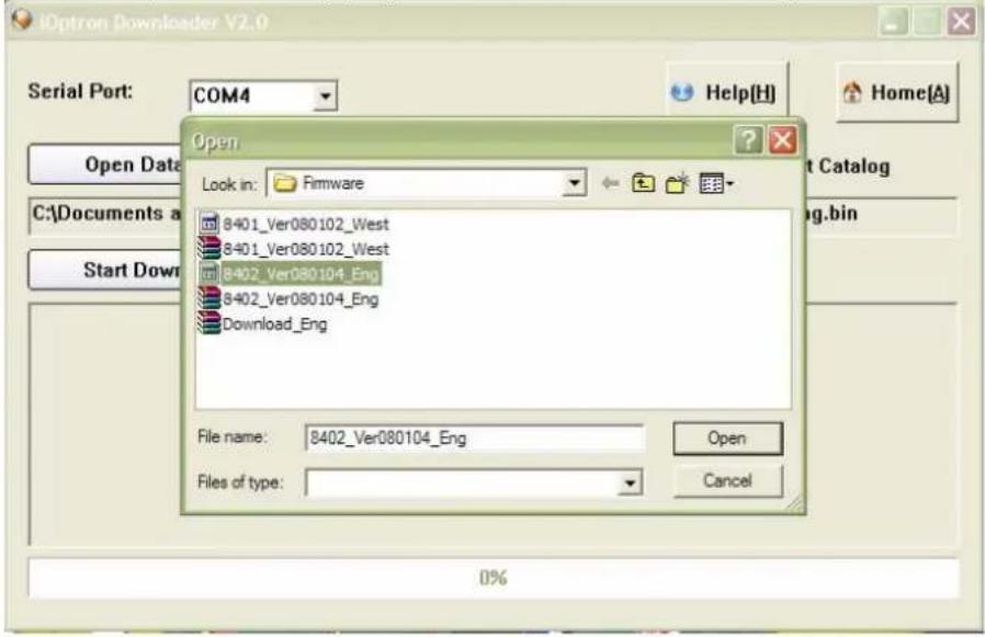 iOptron Downloader V2.0 Serial Port: COM4 Open Look in: Firmware 8401_Ver080102_West 8401_Ver080102_West 8402_Ver080104_Eng 8402_Ver080104_Eng Download_Eng File name: 8402_Ver080104_Eng Files of type: Open Cancel 0%