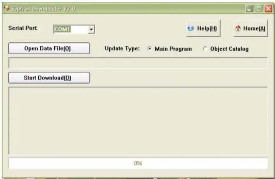 iOptron Downloader V2.0 Serial Port: COM1 Open Data File(O) Update Type: Main Program Object Catalog Start Download(D) 0%
