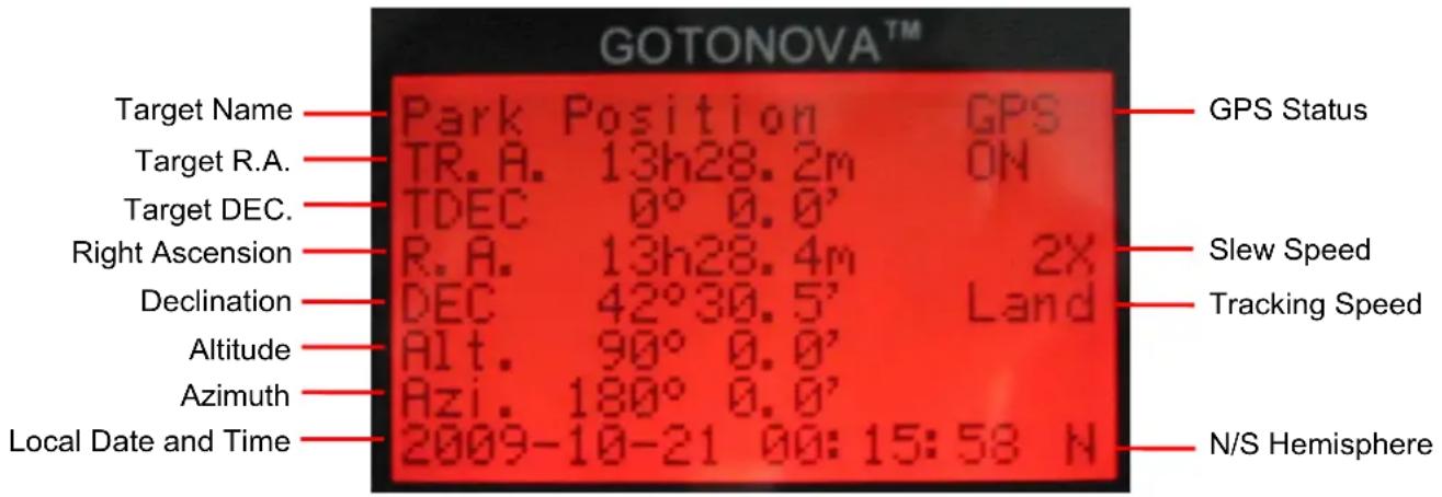 GOTONOVA™ Target Name Park Position GPS Target R.A. TR.A. 13h28.2m ON Target DEC TDEC 0° 0.0' Right Ascension R.A. 13h28.4m 2X Declination DEC 42°30.5' Land Altitude Alt. 90° 0.0' Azimuth Azi. 180° 0.0' Local Date and Time 2009-10-21 00:15:58 N GPS Status Slew Speed Tracking Speed N/S Hemisphere