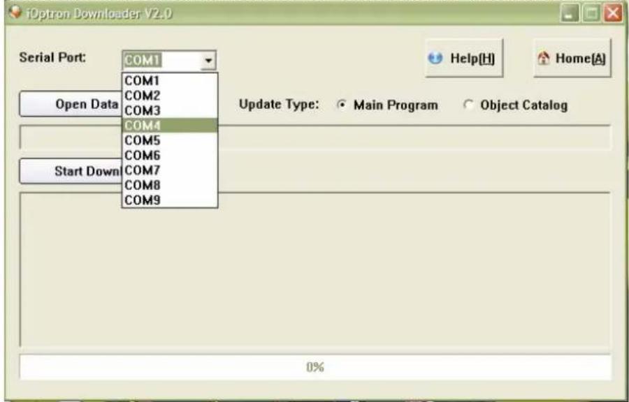 iOptron Downloader: V2.0 Serial Port: COM1 COM1 COM2 COM3 COM4 COM5 COM6 COM7 COM8 COM9 Open Data Start Down Update Type: ● Main Program ○ Object Catalog 0%