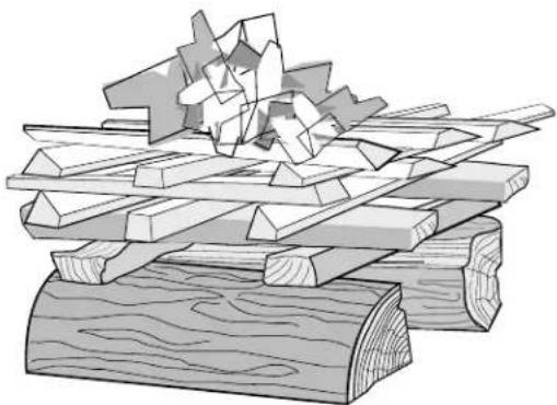 Stacked wooden logs with broken fragments, no text or symbols visible