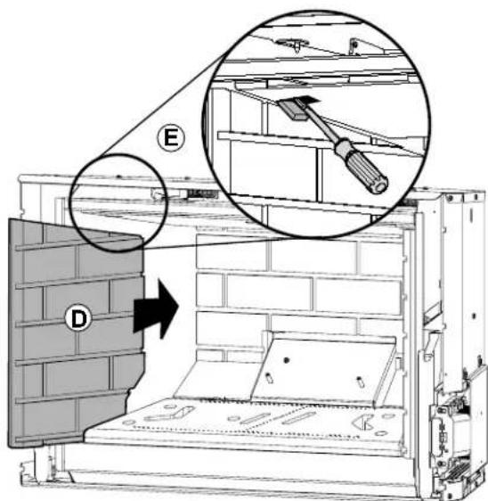 Technical diagram showing a brick wall assembly with labeled components D, E, and an inset close-up of a screwdriver inside a rack.
