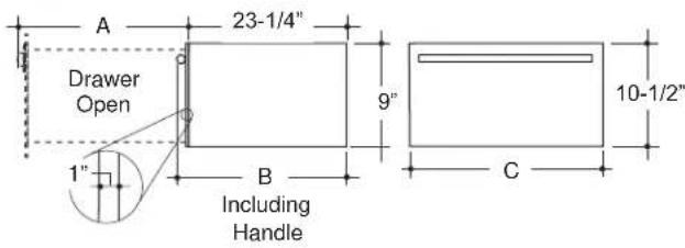 A 23-1/4" Drawer Open 1" B Including Handle 9" C 10-1/2"