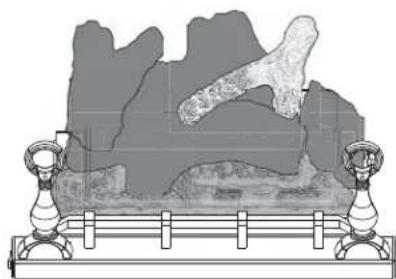 Architectural elevation drawing of a mountainous landscape with two decorative columns (no text or symbols)