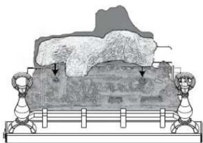 Architectural illustration of a stone structure with decorative columns and two side mirror (no text or symbols)