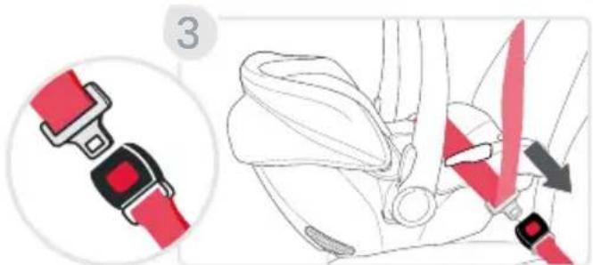 Diagram showing a red belt buckle being adjusted to a car seatbelt, with instructional text and magnified detail view.