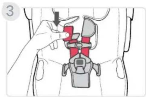 Medical illustration showing a hand adjusting a red device component in a seated posture, with a black arrow indicating the process.