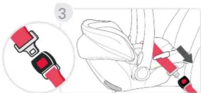 Diagram showing a red belt buckle adjustment applied to the seatbelt, with a magnified inset highlighting the detail.