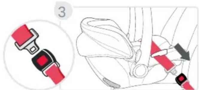 Diagram showing a red belt buckle adjustment applied to the seatbelt, with a magnified inset highlighting the detail.