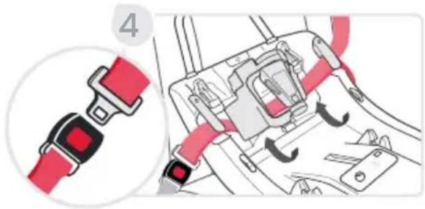 Diagram showing a red belt buckle being inserted into a car seatbelt, with a magnified inset highlighting the component.