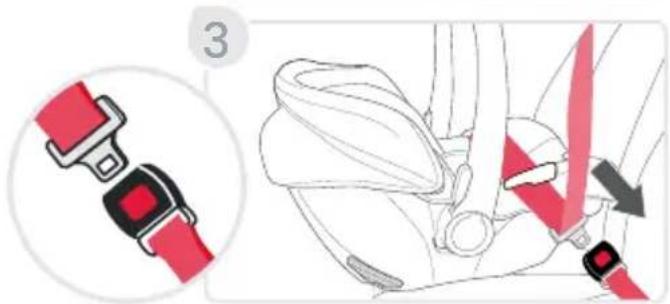 Diagram showing car seatbelt buckle adjustment with red belt and black cable, labeled with number 3