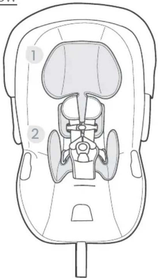 Technical diagram of a car seat assembly with numbered parts labeled 1 and 2