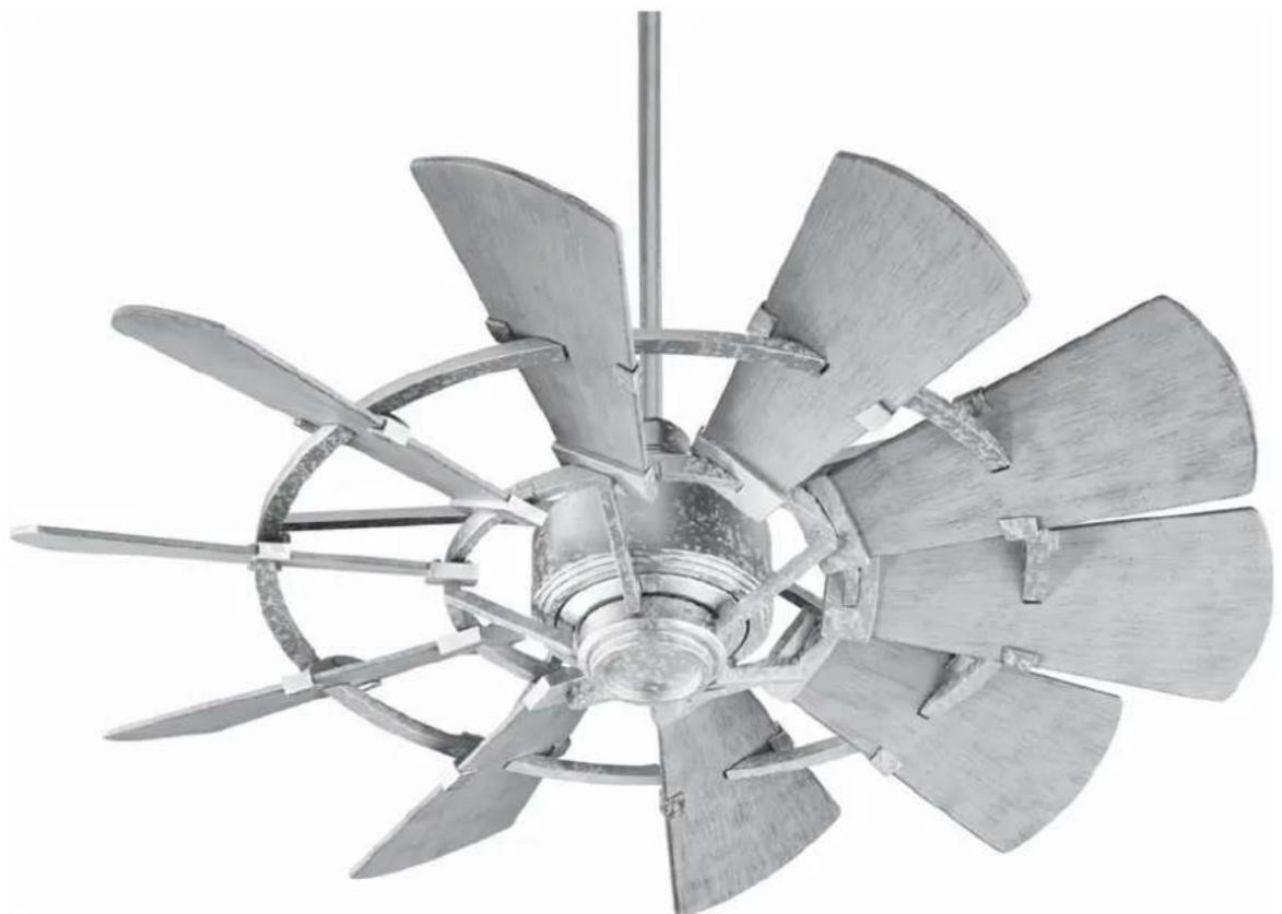 Top-down view of a metallic industrial fan with multiple blades and central hub (no text or symbols visible)