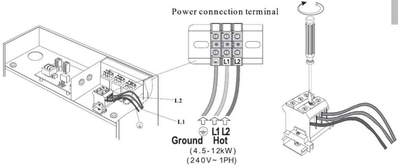 Power connection terminal L1 L2 L2 L1 Ground Hot (4.5-12kW) (240V~1PH)