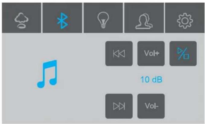 User interface screenshot showing audio playback controls with icons for cloud, Bluetooth, lightbulb, gear, volume gain, and 10 dB frequency.