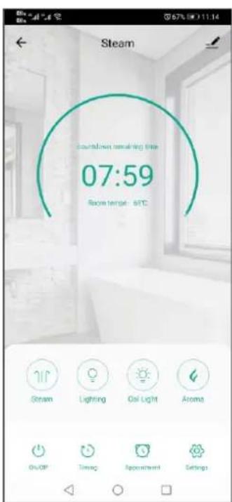 Steam countdown mswabing time 07:59 Room temp: 80°C Steam Lighting Oil Light Aroma Oil OP Timing Apartmental Settings