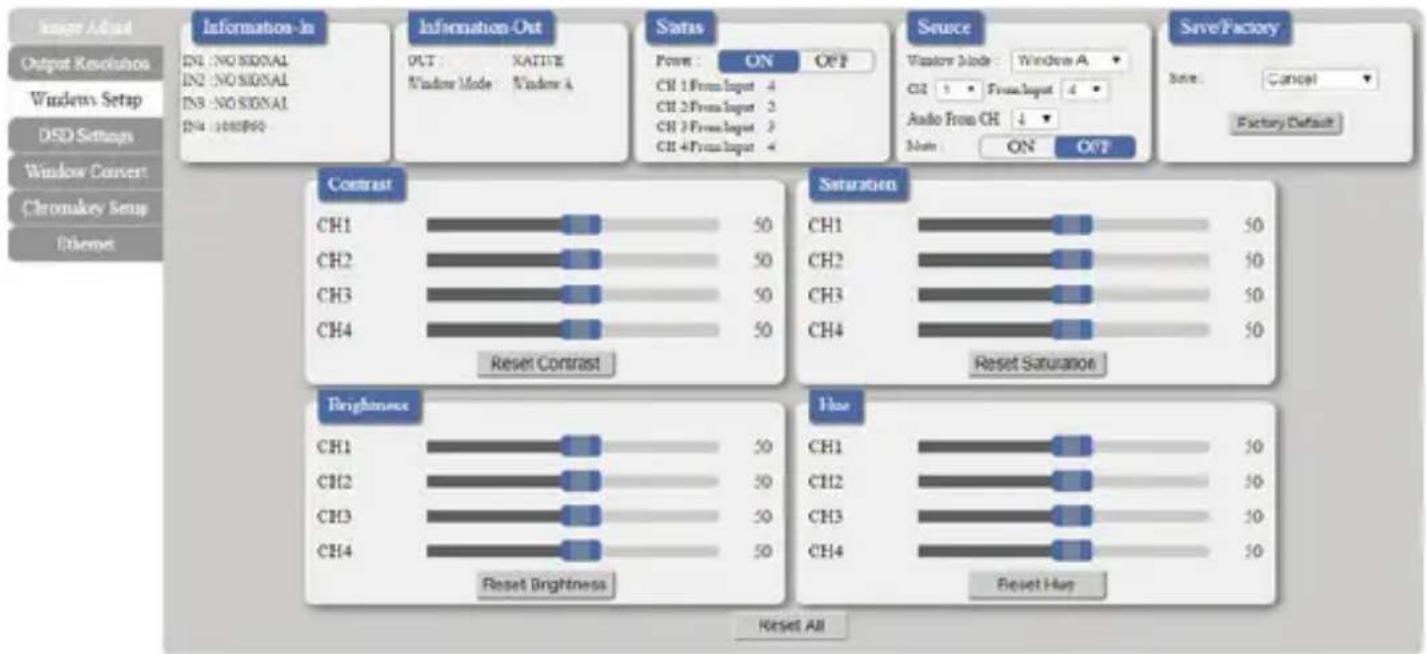 Image Adjust Output Resolution Windows Setup DSD Settings Window Convert Chromakay Setup Ethernet Information-In IN1: NO SIGNAL IN2: NO SIGNAL IN3: NO SIGNAL IN4: 00000000 Information-Out OUT: NATIVE Window Mode: Window A Satis Power : ON OFF CH 1 From Input 4 CH 2 From Input 3 CH 3 From Input 2 CH 4 From Input 4 Source Window Mode: Windows A CH2 1 From Input 4 Audio From CH 4 Note: ON OFF Save/Factory Save: Cancel Factory Default Contrast CH1 50 CH2 50 CH3 50 CH4 50 Reset Contrast Saturation CH1 50 CH2 50 CH3 50 CH4 50 Reset Saturation Brightness CH1 50 CH2 50 CH3 50 CH4 50 Reset Brightness Fuse CH1 50 CH2 50 CH3 50 CH4 50 Reset Hay Reset All