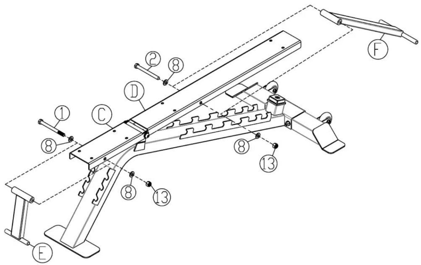 Technical diagram of a mechanical assembly with labeled components (1–8) and numbered parts (C, D, E, F)