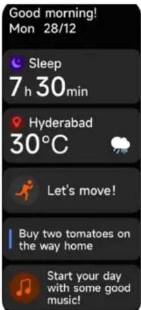 Good morning! Mon 28/12 Sleep 7 h 30min Hyderabad 30°C Let's move! Buy two tomatoes on the way home Start your day with some good music!