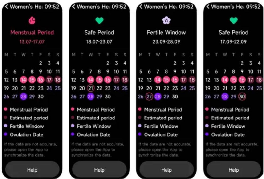 < Women's He: 09:52 Menstrual Period 13.07-17.07 M T W T F S S 2 3 4 5 6 7 8 9 10 11 12 13 14 15 16 17 18 19 20 21 22 23 24 25 26 27 28 29 30 ● Menstrual Period ● Estimated period ● Fertile Window ● Ovulation Date If the data are not accurate, please open the App to synchronize the data. Help < Women's He: 09:52 Safe Period 18.07-23.07 M T W T F S S 2 3 4 5 6 7 8 9 10 11 12 13 14 15 16 17 18 19 20 21 22 23 24 25 26 27 28 29 30 ● Menstrual Period ● Estimated periods ● Fertile Window ● Ovulation Date If the data are not accurate, please open the App to synchronize the data. Help < Women's He: 09:52 Fertile Window 23.09-28.09 M T W T F S S 2 3 4 5 6 7 8 9 10 11 12 13 14 15 16 17 18 19 20 21 22 23 24 25 26 27 28 29 30 ● Menstrual Period ● Estimated periods ●Fertile Window ● Ovulation Date If the data are not accurate, please open the App to synchronize the data. Help < Women's He: 09:52 Safe Period 17.09-22.09 M T W T F S S 2 3 4 5 6 7 8 9 10 11 12 13 14 15 16 17 18 19 20 21 22 23 24 25 26 27 28 29 30 ● Menstrual Period ● Estimated period ●Fertile Window ● Ovulation Date If the data are not accurate, please open the App to synchronize the data. Help