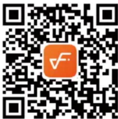 QR code with a central orange logo containing a white checkmark and the letter 'F'