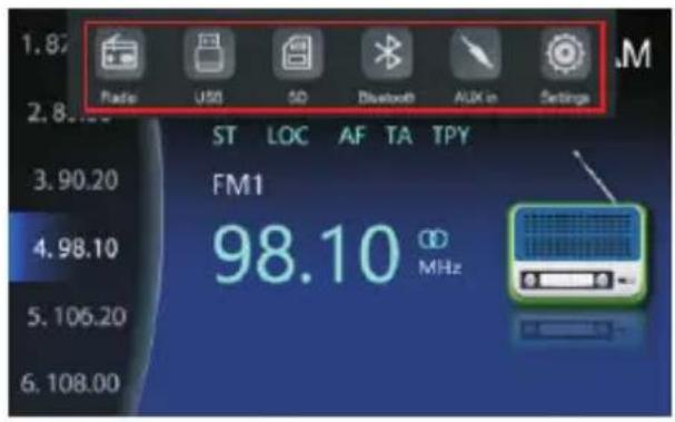 Radio USB SD Bluetooth AUX in Settings ST LOC AF TA TPY FM1 98.10 MHz
