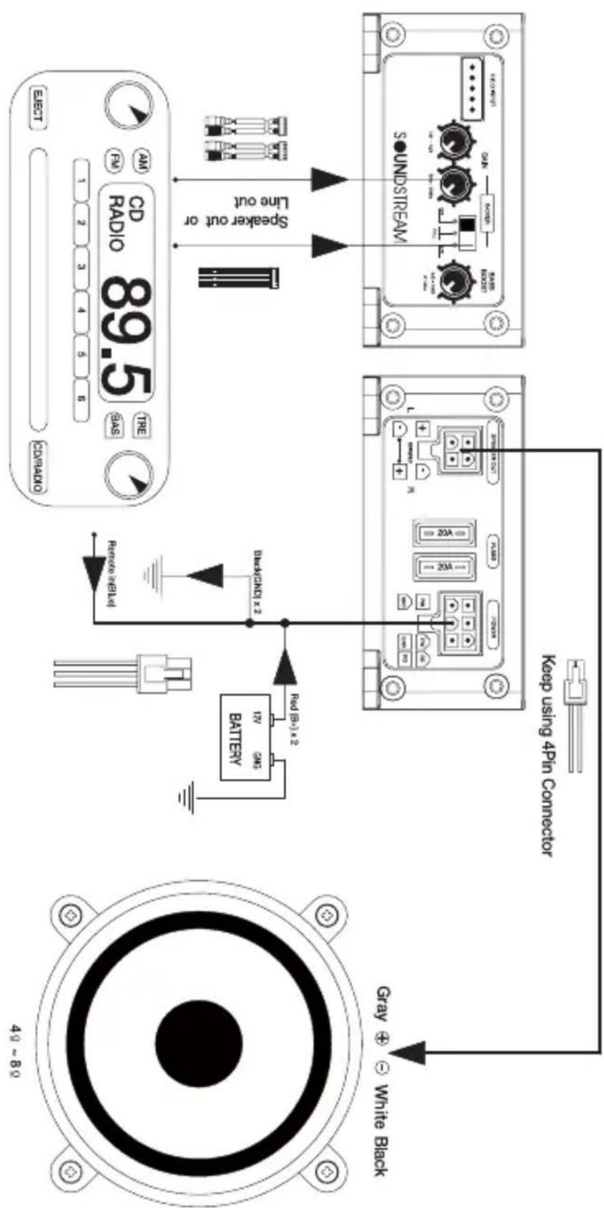49~89 Gray + - White Black Battery 12V 6ns Red (5+)-x 2 Remote unit Batter 2x Speaker out or Line out CD/DVD Ratio 89.5 REF: 1 2 3 4 5 6 AAS THE FM CAM SOUNDSTREAM SOUNDSTREAM Keep using 4Pin Connector