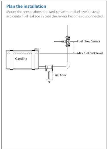 Plan the installation Mount the sensor above the tank's maximum fuel level to avoid accidental fuel leakage in case the sensor becomes disconnected. Fuel Flow Sensor Max fuel tank level Gasoline Fuel filter