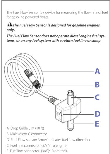 The Fuel Flow Sensor is a device for measuring the flow rate of fuel for gasoline powered boats. ▲ The Fuel Flow Sensor is designed for gasoline engines only. The Fuel Flow Sensor does not operate diesel engine fuel sys- tems, or on any fuel system with a return fuel line or sump. A Drop Cable 3 m (10 ft) B Male Micro-C connector C Fuel Flow sensor: Arrow indicates fuel flow direction D Fuel line connector (3/8): To engine E Fuel line connector (3/8): From tank
