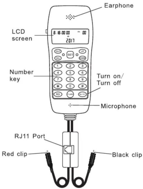 Earphone LCD screen 8:00:00 2017 Number key Turn on/ Turn off Microphone RJ11 Port Red clip Black clip