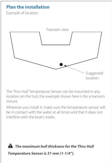 Plan the installation Example of location Transom view Suggested location The Thru-Hull Temperature Sensor can be mounted in any location on the hull, the example shown here is for a transom mount. Wherever you install it, make sure the temperature sensor will be in contact with the water at all times and that it does not interfere with the boat's trailer. The maximum hull thickness for the Thru-Hull Temperature Sensor is 31 mm (1-1/4").