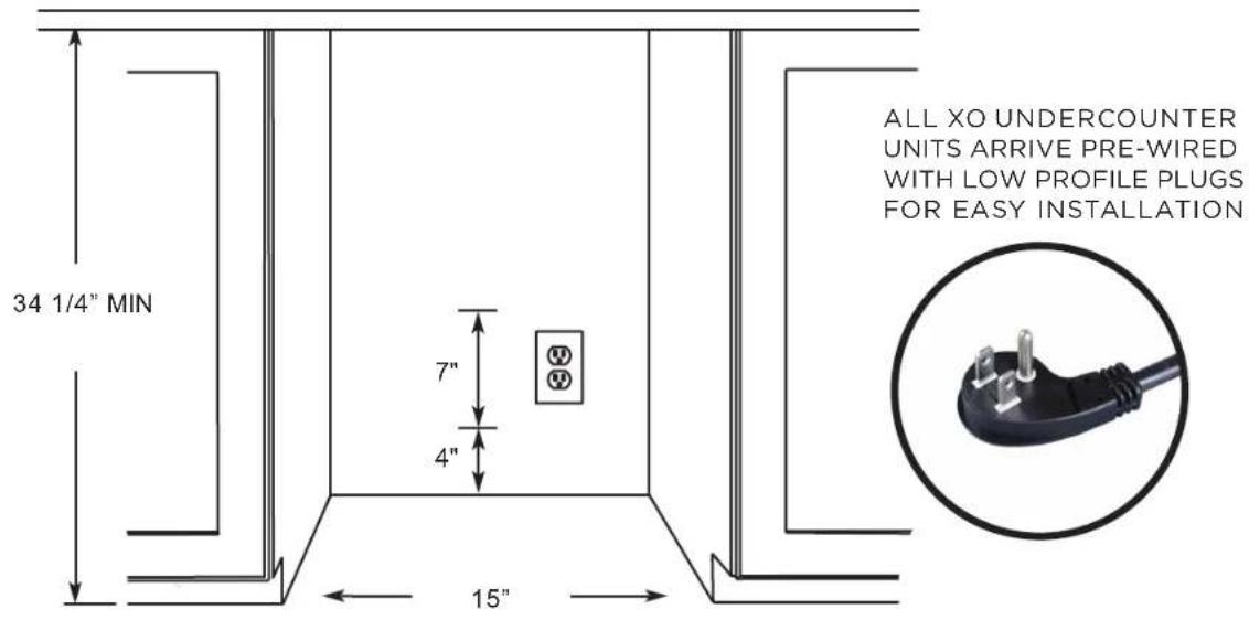 34 1/4" MIN 7" 4" 15" ALL XO UNDERCOUNTER UNITS ARRIVE PRE-WIRED WITH LOW PROFILE PLUGS FOR EASY INSTALLATION