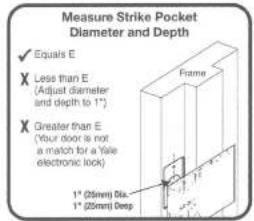 Measure Strike Pocket Diameter and Depth ✓ Equals E X Less than E (Adjust diameter and depth to 1°) X Greater than E (Your door is not a match for a Yale electronic lock) 1" (25mm) Dia. 1" (25mm) Deep