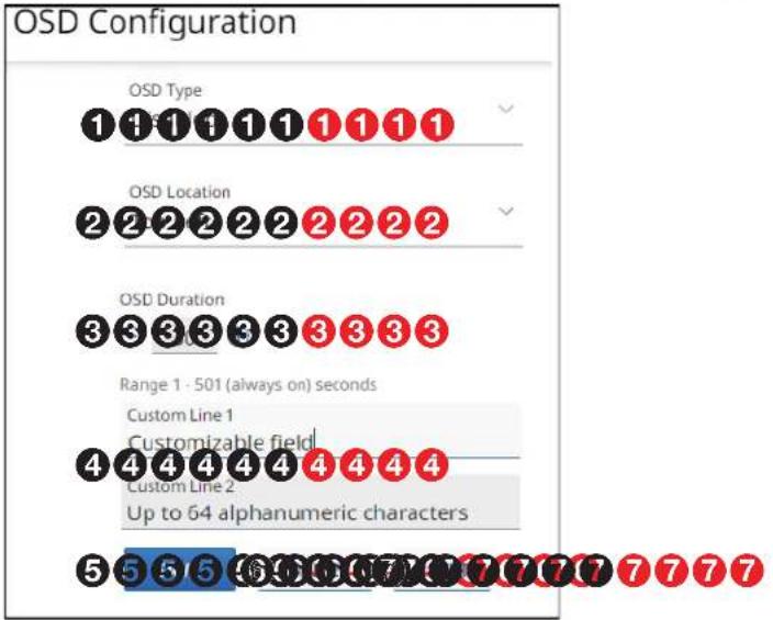 OSD Configuration OSD Type 1 1 1 1 1 1 1 1 1 OSD Location 2 2 2 2 2 2 2 2 2 OSD Duration 3 3 3 3 3 3 3 3 3 Range 1 - 501 (always on) seconds Custom Line 1 Customizable field 4 4 4 4 4 4 4 4 4 Custom Line 2 Up to 64 alphanumeric characters 5 5 5 5 5 5 5 5 5 5 5 5 5 5 5 5 5 5 5 5 5 5 5 5 5 5