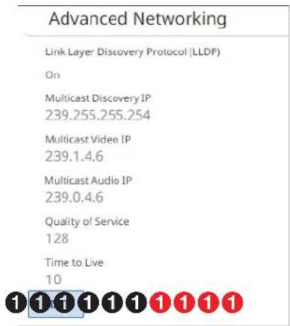 Advanced Networking Link Layer Discovery Protocol (LLDP) On Multicast Discovery IP 239.255.255.254 Multicast Video IP 239.1.4.6 Multicast Audio IP 239.0.4.6 Quality of Service 1.28 Time to Live 10