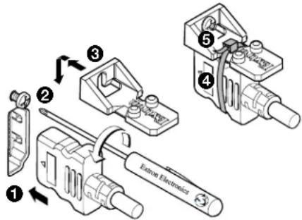 Technical diagram showing exploded view of a mechanical assembly with numbered components and a label 'Extron Electronics' on the device.