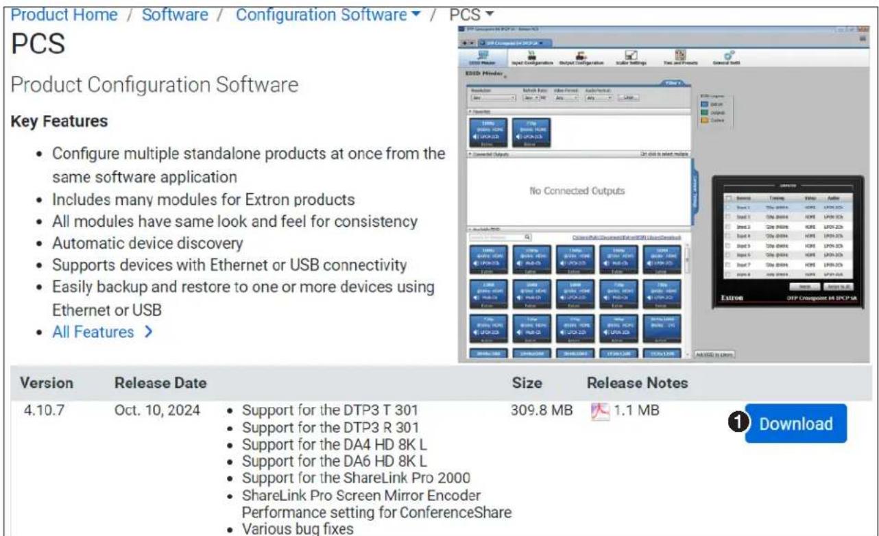 Product Home / Software / Configuration Software ▼ / PCS ▼ PCS Product Configuration Software Key Features • Configure multiple standalone products at once from the same software application • Includes many modules for Extron products • All modules have same look and feel for consistency • Automatic device discovery • Supports devices with Ethernet or USB connectivity • Easily backup and restore to one or more devices using Ethernet or USB • All Features > Version Release Date Size Release Notes 4.10.7 Oct. 10, 2024 • Support for the DTP3 T 301 • Support for the DTP3 R 301 • Support for the DA4 HD 8K L • Support for the DA6 HD 8K L • Support for the ShareLink Pro 2000 • ShareLink Pro Screen Mirror Encoder Performance setting for ConferenceShare • Various bug fixes 309.8 MB 1.1 MB ① Download