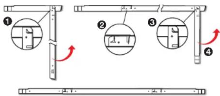 Technical diagram showing four sequential steps of a mechanical assembly with labeled components and directional arrows indicating motion.